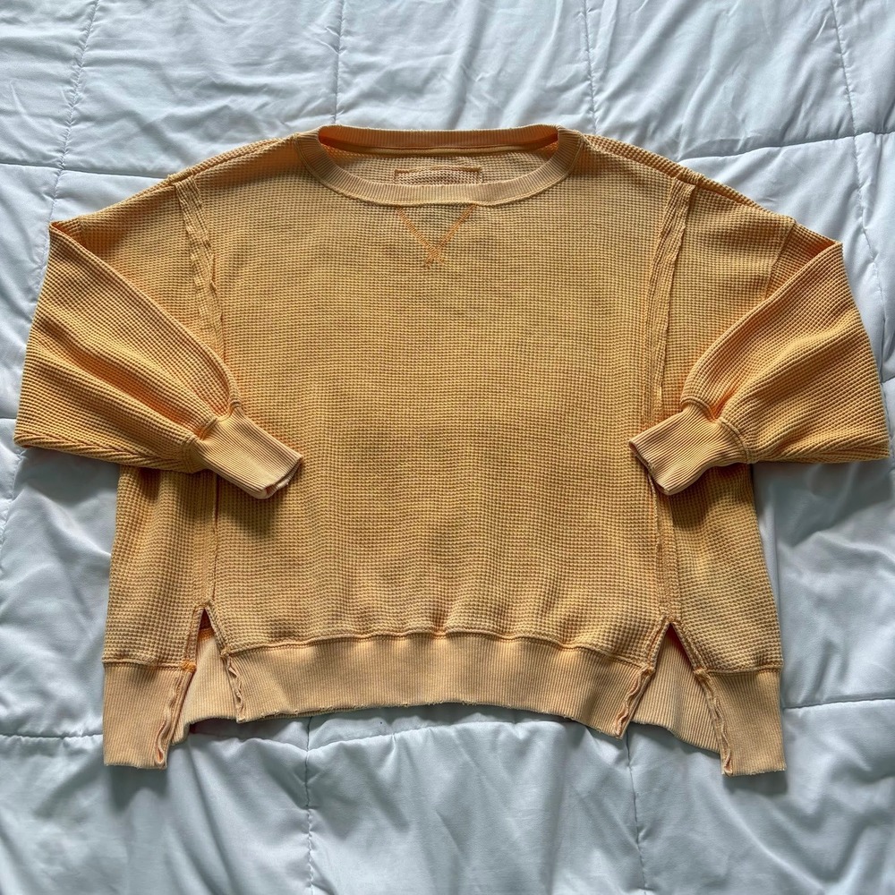 American Eagle Seriously Lived-In Waffle Knit Sweatshirt Orange XS Oversized